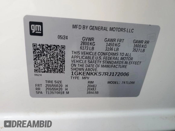 2024 GMC Acadia FWD Elevation z VIN 1GKENKKS7RJ172006, wystawiony jako Copart lot #74975404 z przebiegiem 3311 mil mil oraz Szkoda całkowita • Salvage title. Historia ofert i sprzedaży dostępna na DreamBid. Obrazek 14.