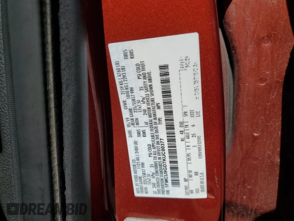 2019 Ford Escape SE z VIN 1FMCU9GD7KUC00377, wystawiony jako Copart lot #56136395 z przebiegiem 199 398 mil mil oraz Tytuł czysty. Historia ofert i sprzedaży dostępna na DreamBid. Obrazek 13.