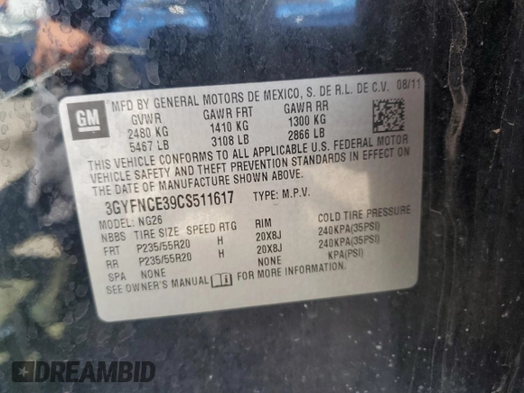 2012 Cadillac SRX Premium Collection with VIN 3GYFNCE39CS511617, listed as a Copart auction lot 59036755 with 162,361 mi miles and Clean title. Bid and sale history available at DreamBid. Image 12.