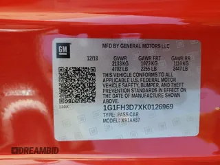 2019 Chevrolet Camaro 2SS z VIN 1G1FH3D7XK0126969, wystawiony jako Copart lot #55491575 z przebiegiem 9 156 mil mil oraz Szkoda całkowita • Salvage title. Historia ofert i sprzedaży dostępna na DreamBid. Obrazek 12.
