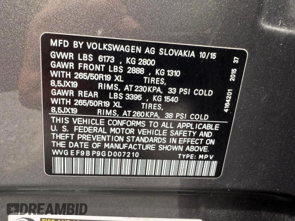 2016 Volkswagen Touareg Sport with VIN WVGEF9BP9GD007210, listed as a Copart auction lot 61608015 with 192,156 mi miles and Clean title. Bid and sale history available at DreamBid. Image 10.