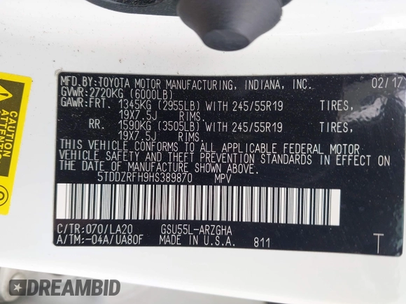 2017 Toyota Highlander Limited with VIN 5TDDZRFH9HS389870, listed as a IAAI auction lot 42272227 with 147,508 mi miles and . Bid and sale history available at DreamBid. Image 9.