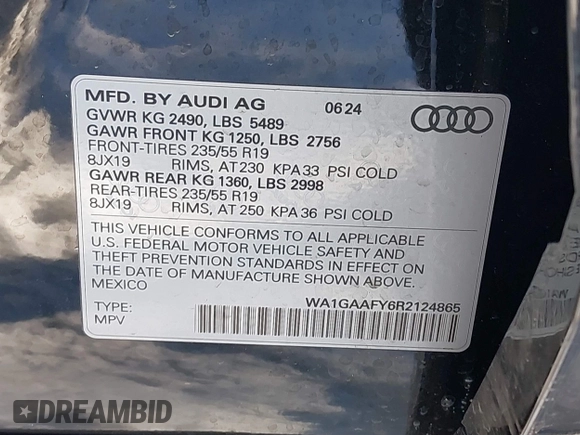 2024 Audi Q5 S line Premium with VIN WA1GAAFY6R2124865, listed as a IAAI auction lot 41598533 with 4,720 mi miles and . Bid and sale history available at DreamBid. Image 9.