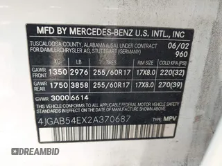2002 Mercedes-Benz M 320/430/500 с VIN 4JGAB54EX2A370687, выставлен на аукционе IAAI как лот 42215662 с пробегом 147 096 миль миль и . История ставок и продаж доступна на DreamBid. Изображение 9.