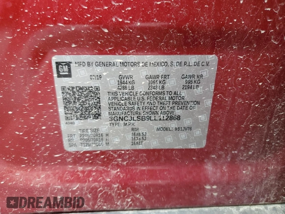 2020 Chevrolet Trax LT z VIN 3GNCJLSB9LL112868, wystawiony jako Copart lot #51441645 z przebiegiem 38 502 mil mil oraz Szkody całkowita. Historia ofert i sprzedaży dostępna na DreamBid. Obrazek 12.