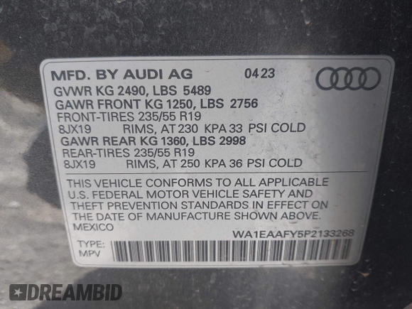 2023 Audi Q5 S line Premium Plus z VIN WA1EAAFY5P2133268, wystawiony jako IAAI lot #42043262 z przebiegiem 21 664 mil mil oraz . Historia ofert i sprzedaży dostępna na DreamBid. Obrazek 9.