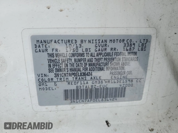 2014 Nissan Versa S Plus with VIN 3N1CN7AP0EL836424, listed as a Copart auction lot 44212955 with 74,758 mi miles and Salvage Title. Bid and sale history available at DreamBid. Image 13.