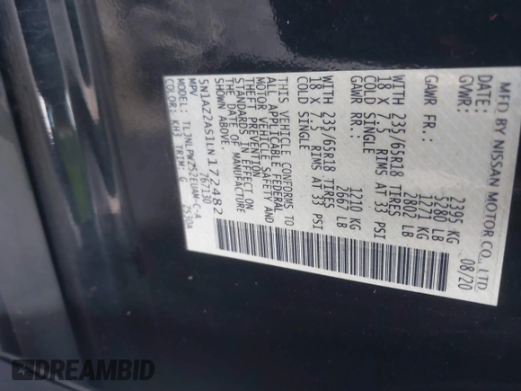 2020 Nissan Murano S with VIN 5N1AZ2AS1LN172482, listed as a IAAI auction lot 40798737 with 42,509 mi miles and . Bid and sale history available at DreamBid. Image 9.
