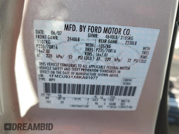 2008 Ford Escape XLT z VIN 1FMCU931X8KA91977, wystawiony jako Copart lot #57676725 z przebiegiem 119 460 mil mil oraz Nie do naprawy • Non repairable. Historia ofert i sprzedaży dostępna na DreamBid. Obrazek 13.