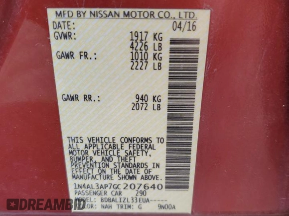 2016 Nissan Altima SR with VIN 1N4AL3AP7GC207640, listed as a Copart auction lot 58778695 with 125,140 mi miles and Salvage title. Bid and sale history available at DreamBid. Image 12.