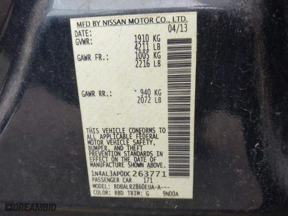 2013 Nissan Altima 2.5 SL with VIN 1N4AL3AP0DC263771, listed as a IAAI auction lot 41898458 with 79,788 mi miles. Bid and sale history available at carsss.com. Image 9.