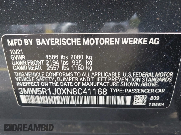 2022 BMW 3 Series 330i with VIN 3MW5R1J0XN8C41168, listed as a IAAI auction lot 42322526 with 44,889 mi miles and . Bid and sale history available at DreamBid. Image 9.