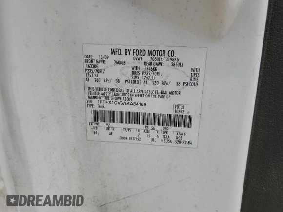 2010 Ford F-150 XL with VIN 1FTFX1CV6AKA84169, listed as a Copart auction lot 81760144 with 281,005 mi miles and Salvage Title. Bid and sale history available at carsss.com. Image 12.