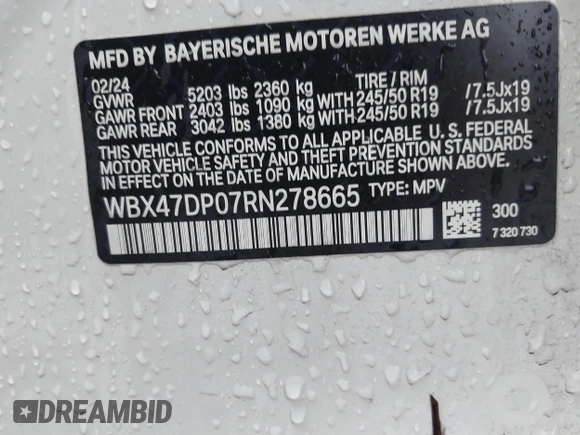 2024 BMW X3 sDrive30i with VIN WBX47DP07RN278665, listed as a IAAI auction lot 41054856 with Not Provided miles and . Bid and sale history available at DreamBid. Image 9.