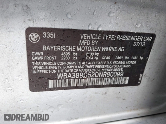 2013 BMW 3 Series 335i xDrive with VIN WBA3B9G52DNR90099, listed as a IAAI auction lot 41195265 with 116,320 mi miles and . Bid and sale history available at DreamBid. Image 9.