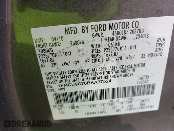 2011 Ford Escape XLS with VIN 1FMCU9C76BKA37524, listed as a IAAI auction lot 42415692 with 107,346 mi miles and . Bid and sale history available at DreamBid. Image 9.