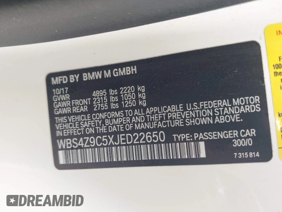 2018 BMW M4 with VIN WBS4Z9C5XJED22650, listed as a IAAI auction lot 42631888 with 41,266 mi miles and . Bid and sale history available at DreamBid. Image 9.