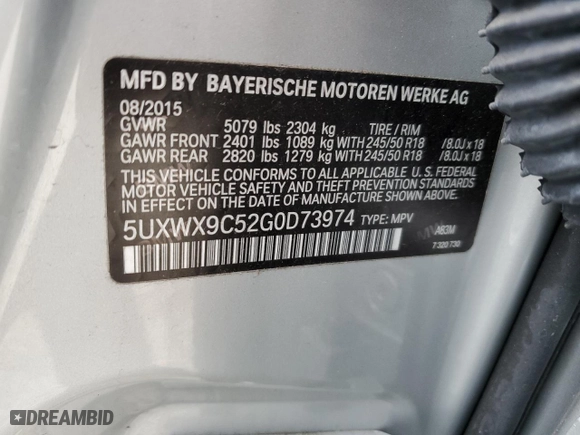 2016 BMW X3 xDrive28i with VIN 5UXWX9C52G0D73974, listed as a Copart auction lot 49965835 with 56,226 mi miles and Salvage Title. Bid and sale history available at carsss.com. Image 15.
