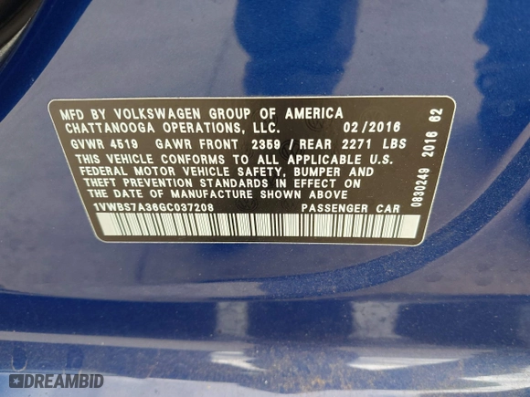 2016 Volkswagen Passat 1.8T SE w/Technology with VIN 1VWBS7A36GC037208, listed as a IAAI auction lot 41461379 with 22,375 mi miles. Bid and sale history available at carsss.com. Image 9.