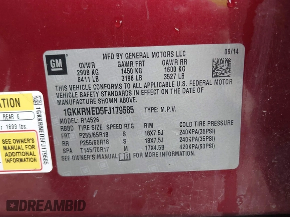 2015 GMC Acadia SLE with VIN 1GKKRNED5FJ179585, listed as a IAAI auction lot 41925052 with 202,111 mi miles and . Bid and sale history available at DreamBid. Image 9.