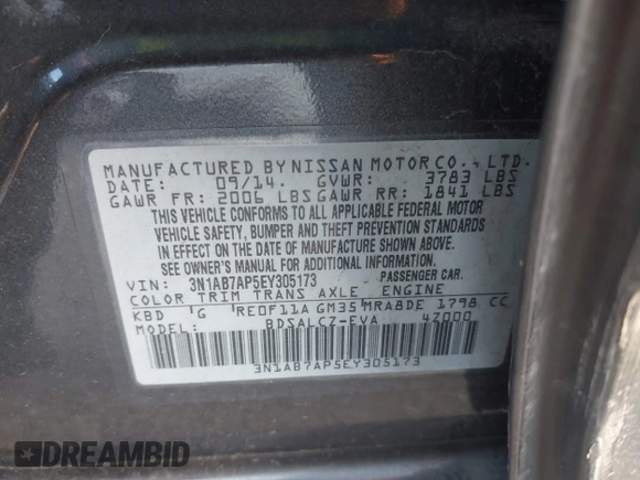 2014 Nissan Sentra SV z VIN 3N1AB7AP5EY305173, wystawiony jako IAAI lot #41855179 z przebiegiem 119 614 mil mil oraz . Historia ofert i sprzedaży dostępna na DreamBid. Obrazek 9.