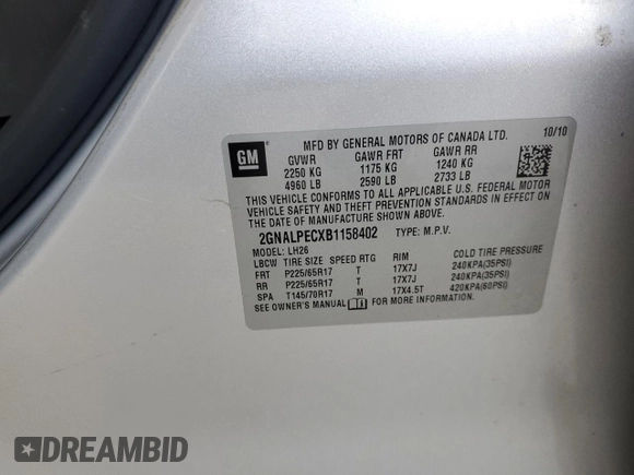 2011 Chevrolet Equinox 2LT z VIN 2GNALPECXB1158402, wystawiony jako Copart lot #59085155 z przebiegiem 151 044 mil mil oraz Szkoda całkowita • Salvage title. Historia ofert i sprzedaży dostępna na DreamBid. Obrazek 13.