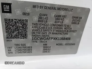 2019 Chevrolet Express Cargo with VIN 1GCWGAFPXK1368408, listed as a IAAI auction lot 42682889 with 154,668 mi miles and . Bid and sale history available at DreamBid. Image 7.