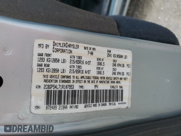 2001 Chrysler Town & Country LXi with VIN 2C8GP54L71R107953, listed as a Copart auction lot 71823714 with 116,134 mi miles and Non Repairable. Bid and sale history available at DreamBid. Image 14.