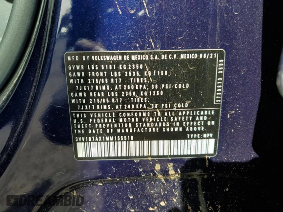 2021 Volkswagen Tiguan S with VIN 3VV1B7AX1MM155518, listed as a Copart auction lot 88461765 with 65,248 mi miles and Salvage Title. Bid and sale history available at DreamBid. Image 16.