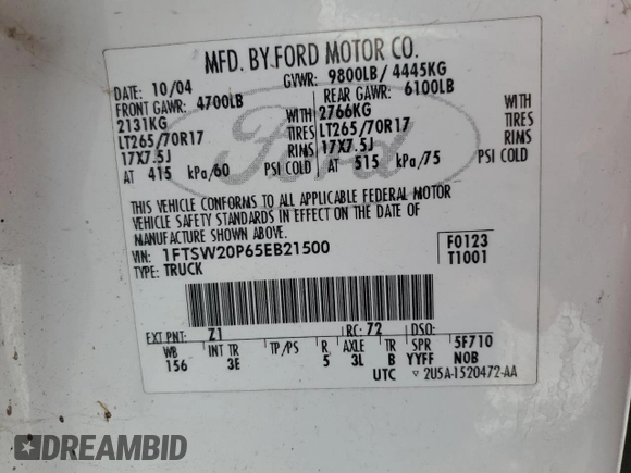 2005 Ford F-250 XL with VIN 1FTSW20P65EB21500, listed as a Copart auction lot 76803904 with 427,117 mi miles and Clean Title. Bid and sale history available at DreamBid. Image 12.