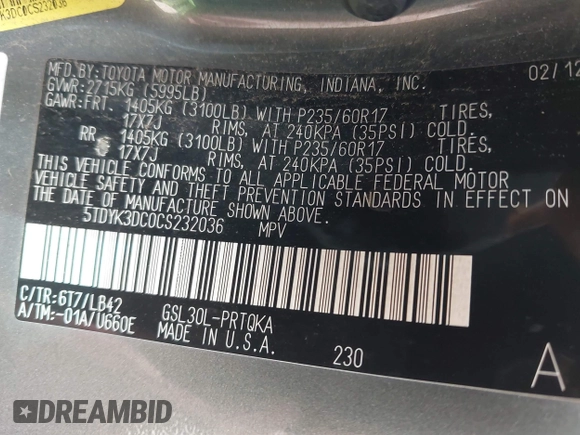 2012 Toyota Sienna XLE AAS с VIN 5TDYK3DC0CS232036, выставлен на аукционе IAAI как лот 42714811 с пробегом 201 769 миль миль и . История ставок и продаж доступна на DreamBid. Изображение 9.