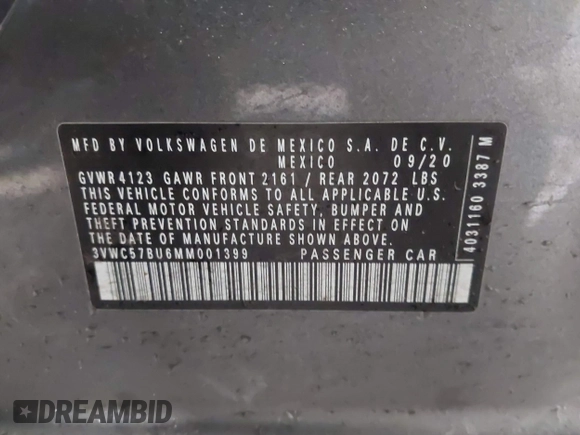 2021 Volkswagen Jetta S z VIN 3VWC57BU6MM001399, wystawiony jako IAAI lot #41488758 z przebiegiem 44 442 mil mil oraz . Historia ofert i sprzedaży dostępna na DreamBid. Obrazek 9.