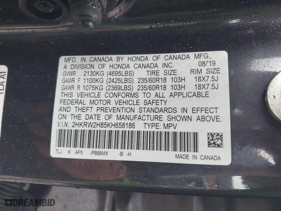 2019 Honda CR-V EX-L with VIN 2HKRW2H85KH658186, listed as a IAAI auction lot 41603690 with 93,474 mi miles. Bid and sale history available at carsss.com. Image 9.