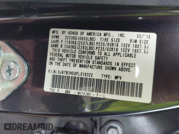 2015 Acura RDX Tech Pkg with VIN 5J8TB3H5XFL016322, listed as a IAAI auction lot 41548586 with 168,715 mi miles. Bid and sale history available at carsss.com. Image 9.