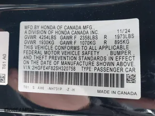 2025 Honda Civic Sedan Hybrid Sport with VIN 2HGFE4F82SH320758, listed as a IAAI auction lot 41646715 with 1,638 mi miles. Bid and sale history available at carsss.com. Image 9.