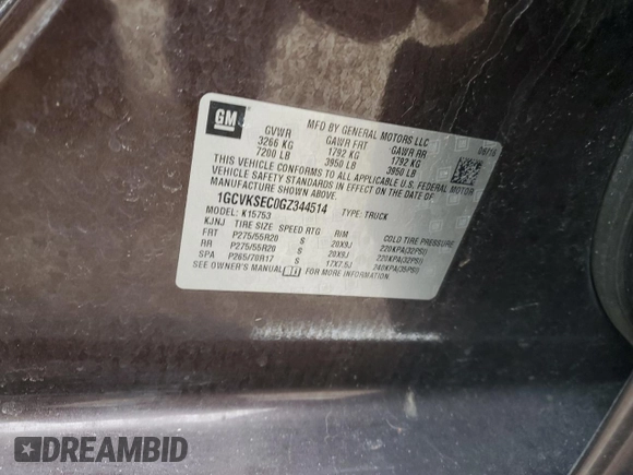 2016 Chevrolet Silverado 1500 LTZ with VIN 1GCVKSEC0GZ344514, listed as a Copart auction lot 47376365 with 0 mi miles and Non Repairable. Bid and sale history available at carsss.com. Image 13.