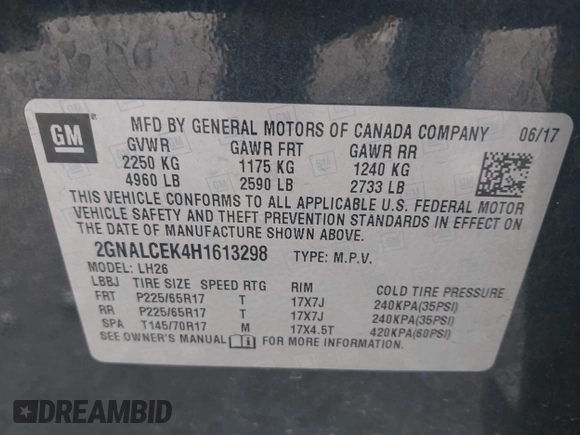 2017 Chevrolet Equinox LT with VIN 2GNALCEK4H1613298, listed as a IAAI auction lot 42086138 with 101,730 mi miles and . Bid and sale history available at DreamBid. Image 9.