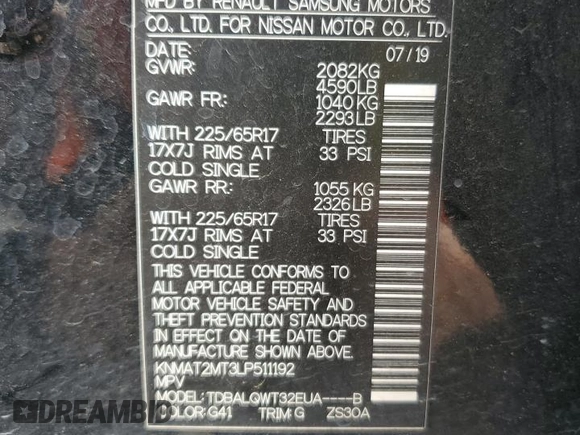2020 Nissan Rogue SV with VIN KNMAT2MT3LP511192, listed as a Copart auction lot 55029255 with 110,947 mi miles and Salvage title. Bid and sale history available at DreamBid. Image 14.