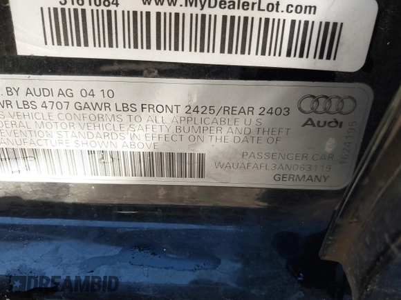 2010 Audi A4 2.0T Premium with VIN WAUAFAFL3AN063119, listed as a IAAI auction lot 41507773 with 165,743 mi miles. Bid and sale history available at carsss.com. Image 9.