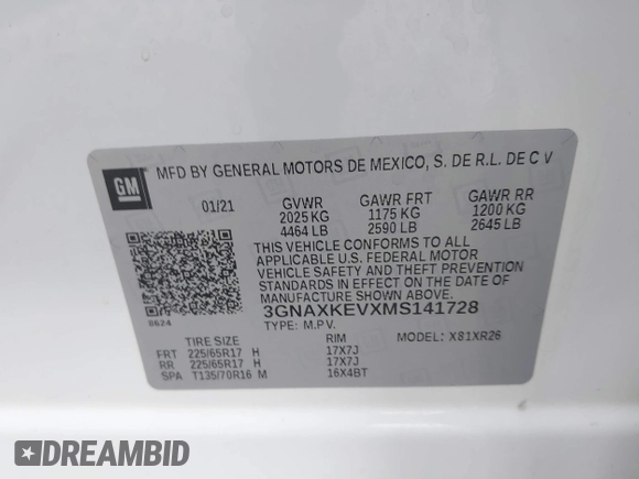 2021 Chevrolet Equinox LT with VIN 3GNAXKEVXMS141728, listed as a IAAI auction lot 41967260 with 74,751 mi miles. Bid and sale history available at carsss.com. Image 9.