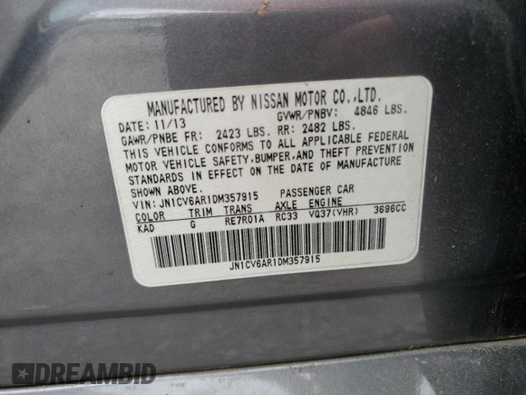 2013 Infiniti G37 x with VIN JN1CV6AR1DM357915, listed as a Copart auction lot 54563925 with Not Provided miles and Salvage Title. Bid and sale history available at carsss.com. Image 12.