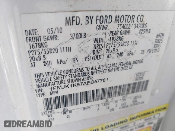 2010 Ford Expedition Max Limited with VIN 1FMJK1K57AEB57781, listed as a IAAI auction lot 40812641 with 176,798 mi miles and . Bid and sale history available at DreamBid. Image 9.
