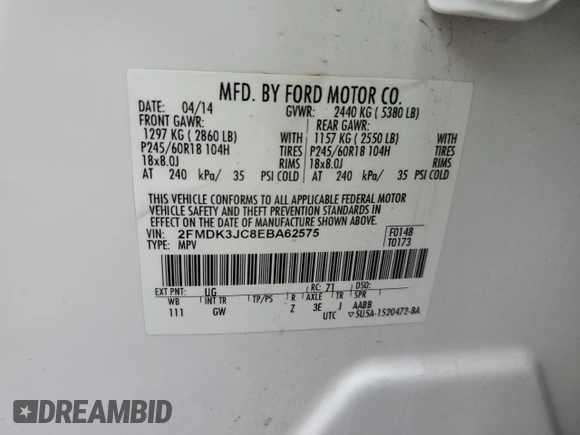 2014 Ford Edge SEL with VIN 2FMDK3JC8EBA62575, listed as a Copart auction lot 47943265 with 125,195 mi miles and Salvage Title. Bid and sale history available at carsss.com. Image 13.