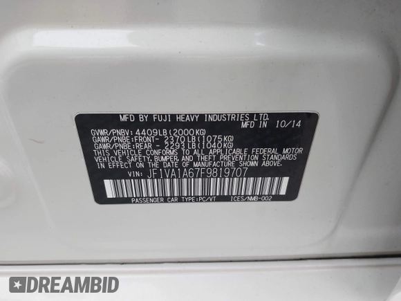 2015 Subaru WRX with VIN JF1VA1A67F9819707, listed as a IAAI auction lot 42021831 with 104,706 mi miles. Bid and sale history available at carsss.com. Image 9.