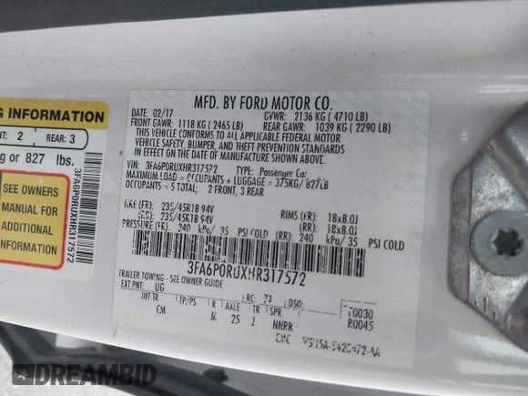 2017 Ford Fusion Hybrid Titanium с VIN 3FA6P0RUXHR317572, выставлен на аукционе IAAI как лот 42170169 с пробегом 138 987 миль миль и . История ставок и продаж доступна на DreamBid. Изображение 9.