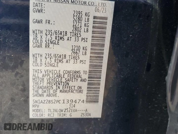 2023 Nissan Murano SV с VIN 5N1AZ2BS2PC139474, выставлен на аукционе Copart как лот 56922365 с пробегом 28 440 миль миль и Списание • Salvage title. История ставок и продаж доступна на DreamBid. Изображение 13.