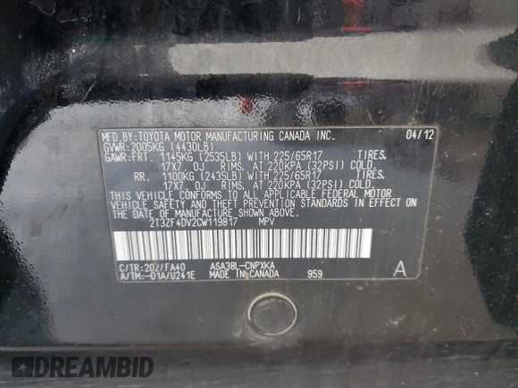 2012 Toyota RAV4 with VIN 2T3ZF4DV2CW119817, listed as a Copart auction lot 52530465 with 108,039 mi miles and Salvage Title. Bid and sale history available at carsss.com. Image 15.
