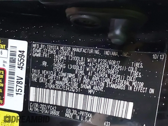 2014 Toyota Sienna LE AAS with VIN 5TDKK3DC7ES426751, listed as a IAAI auction lot 41975870 with 100,000 mi miles and . Bid and sale history available at carsss.com. Image 9.