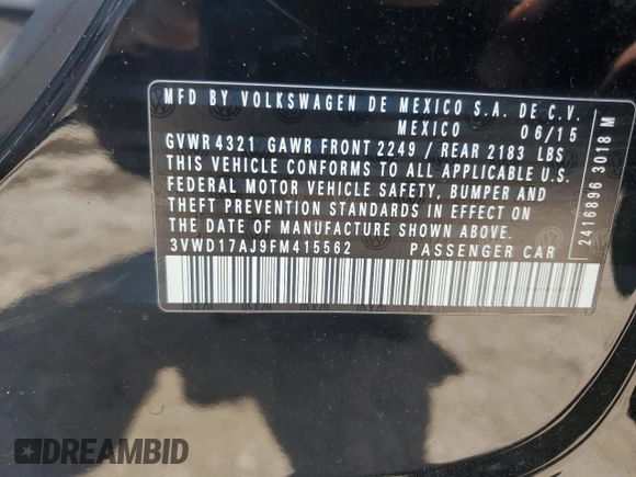 2015 Volkswagen Jetta SE with VIN 3VWD17AJ9FM415562, listed as a Copart auction lot 58252664 with 120,280 mi miles and Salvage title. Bid and sale history available at DreamBid. Image 12.