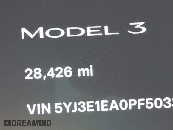 2023 Tesla Model 3 with VIN 5YJ3E1EA0PF503352, listed as a IAAI auction lot 41718658 with 28,426 mi miles and . Bid and sale history available at DreamBid. Image 15.